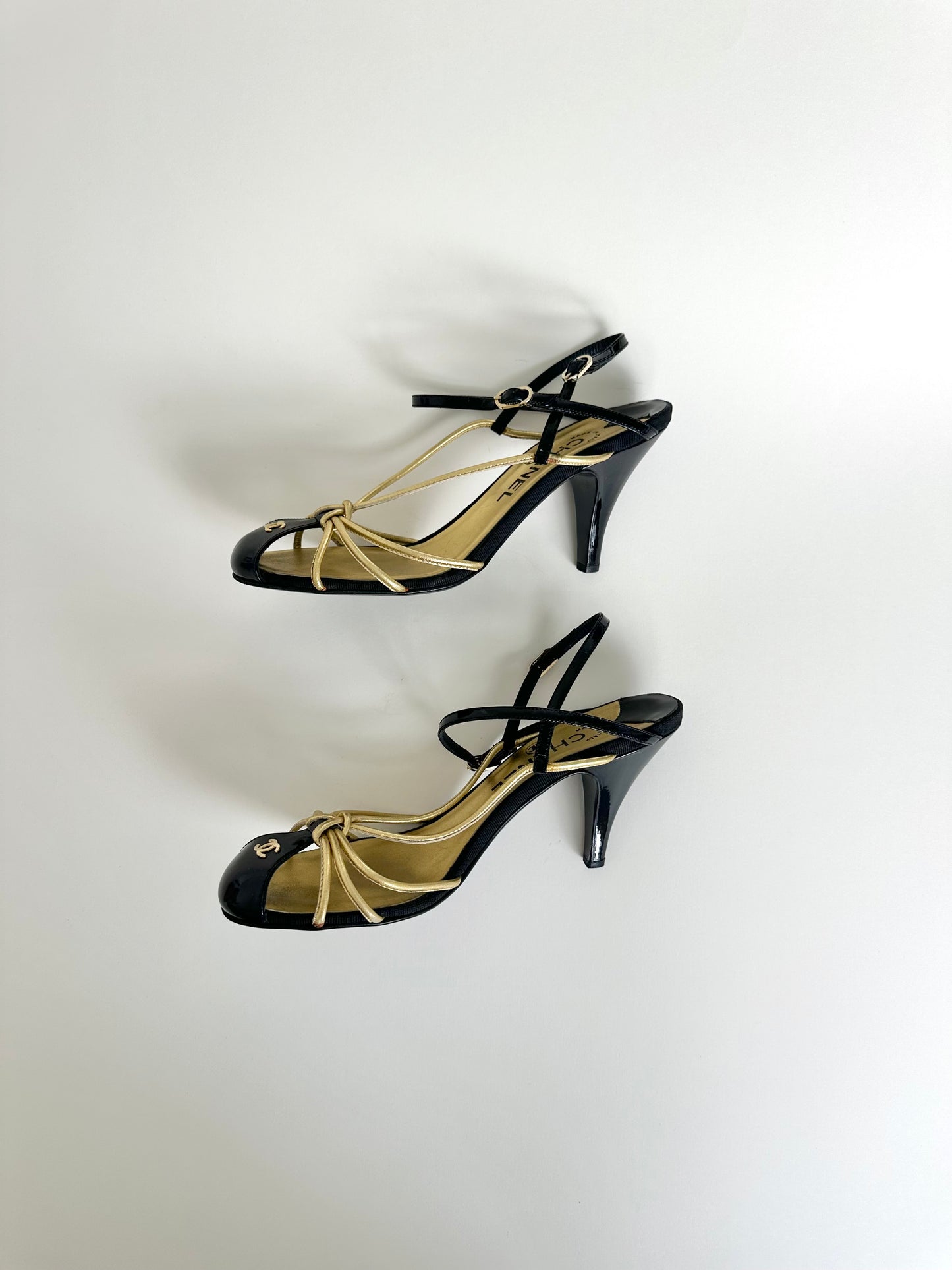 Chanel Black/Gold Caged Logo Heels 38