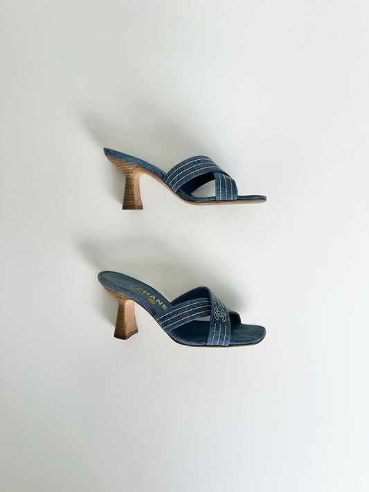 Chanel Blue Denim Logo Sandals 35