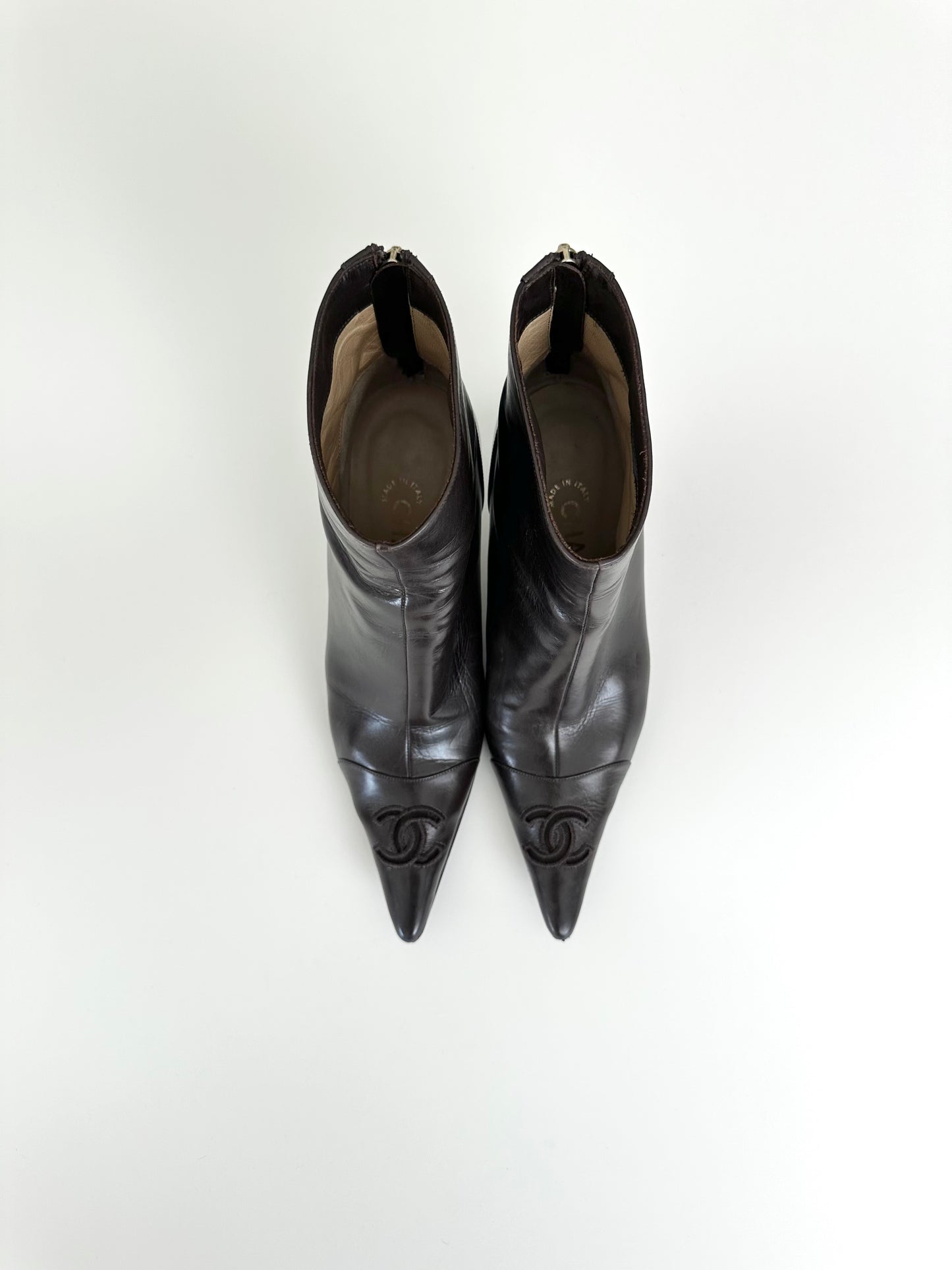 Chanel Brown Leather Logo Ankle Boots 37