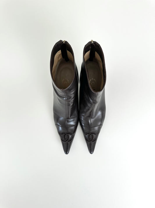 Chanel Brown Leather Logo Ankle Boots 37