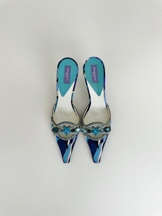 Pucci Blue Satin Beaded Mules 37.5