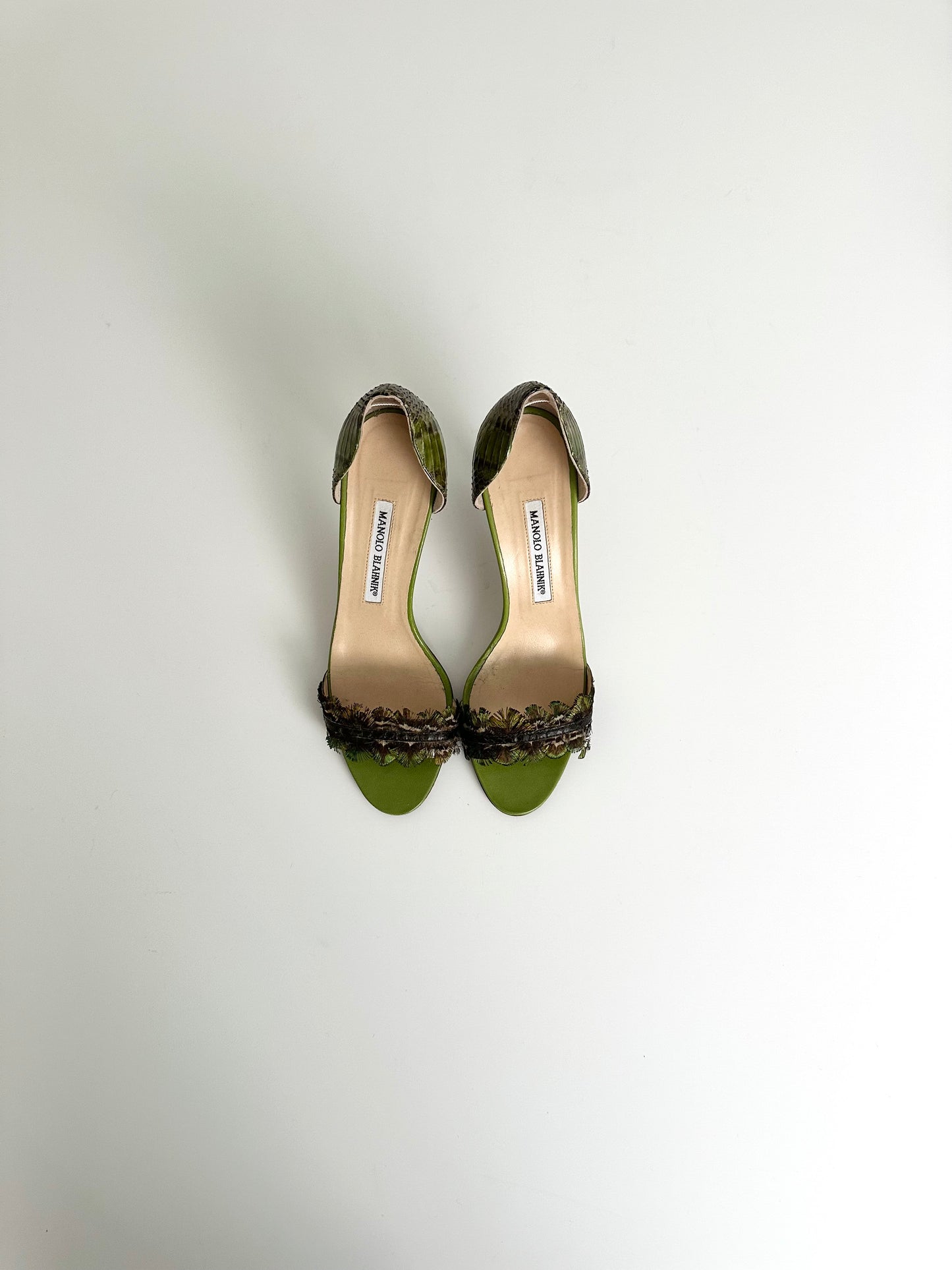 Manolo Blahnik Green Python Feather Pumps 38