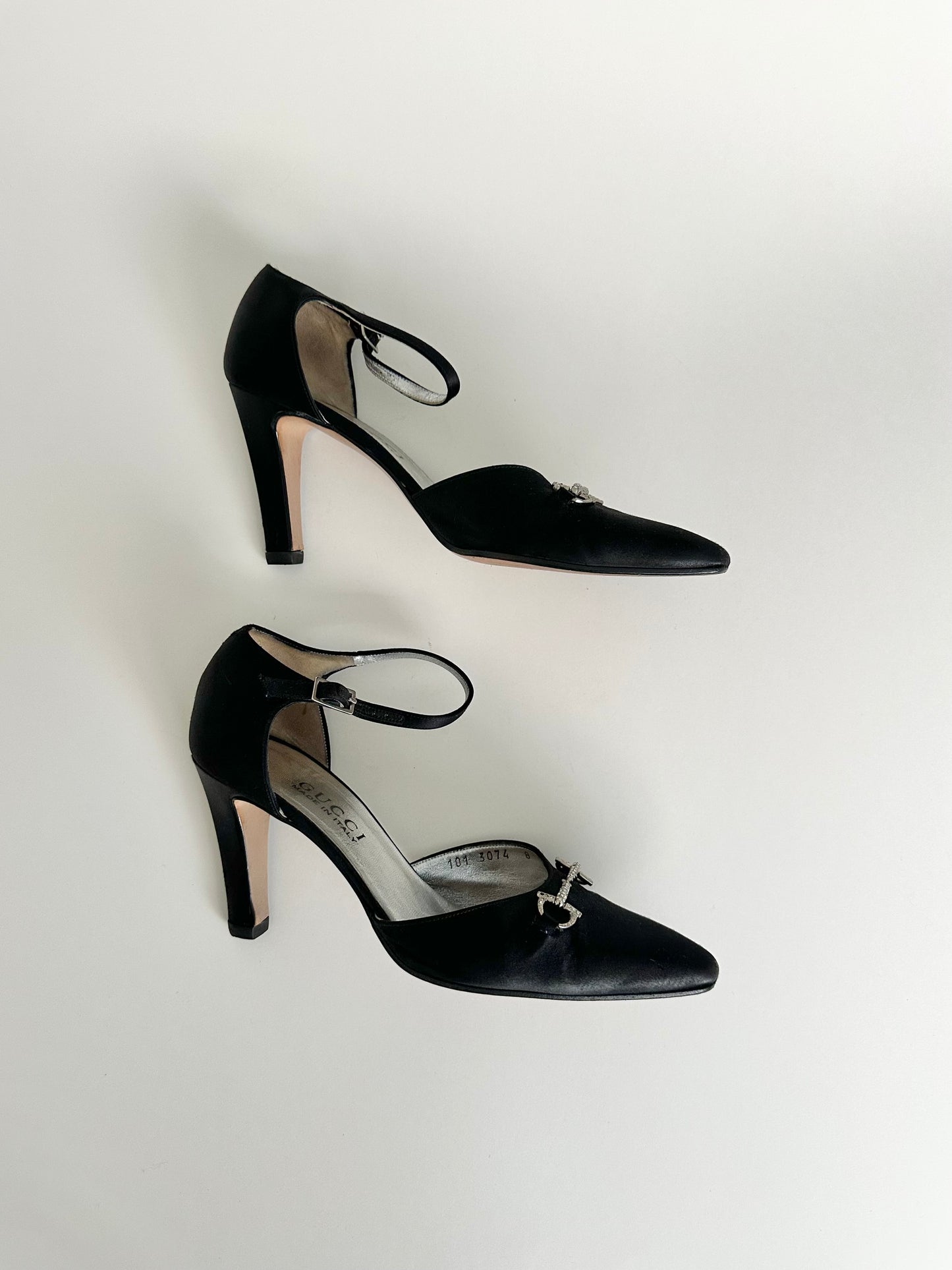 Gucci Black Satin Rhinestone Horsebit Heels US 8