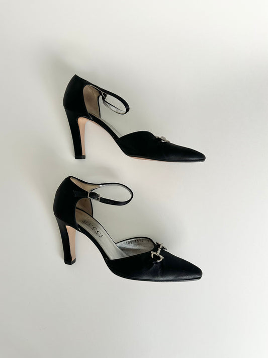 Gucci Black Satin Rhinestone Horsebit Heels US 8