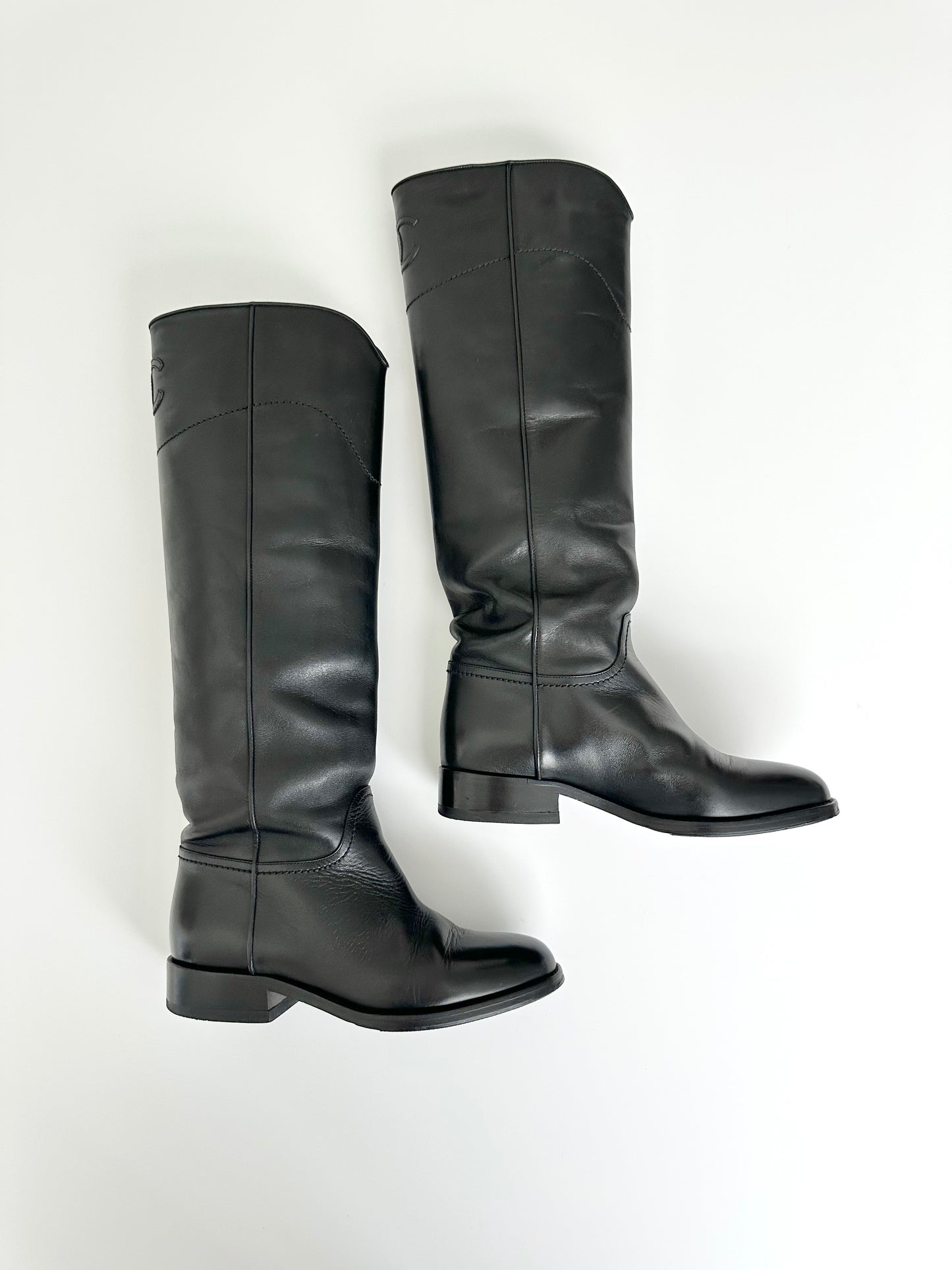 Chanel Black Leather Logo Riding Boots 36