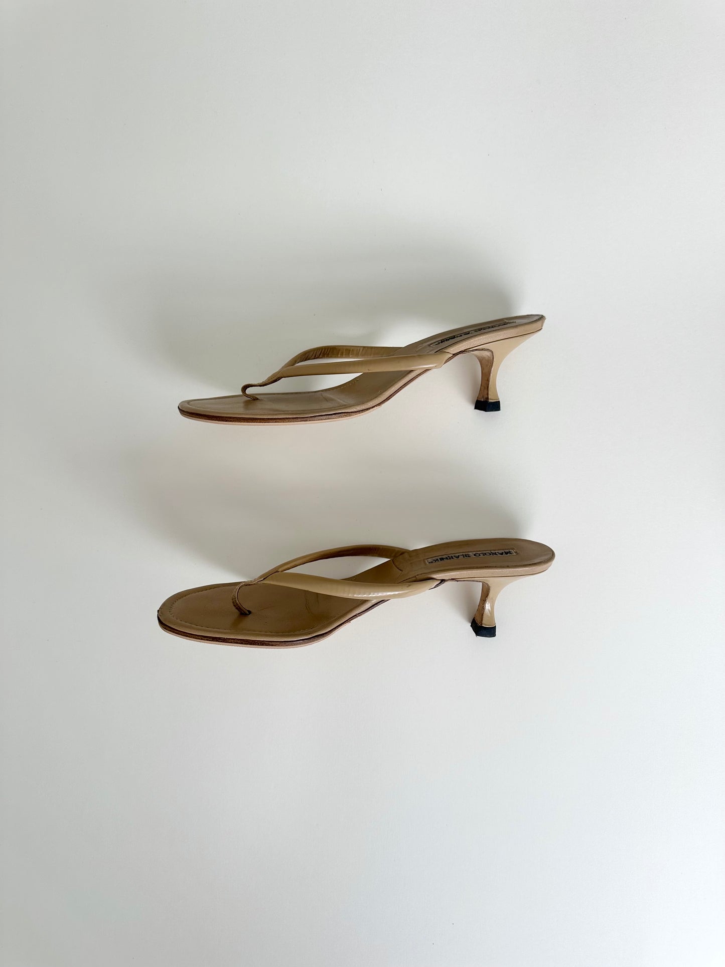 Manolo Blahnik Nude Patent Thongs 37.5