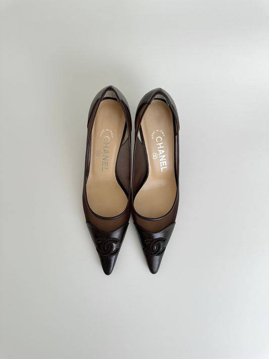 Chanel Brown Mesh Logo Pumps 36.5