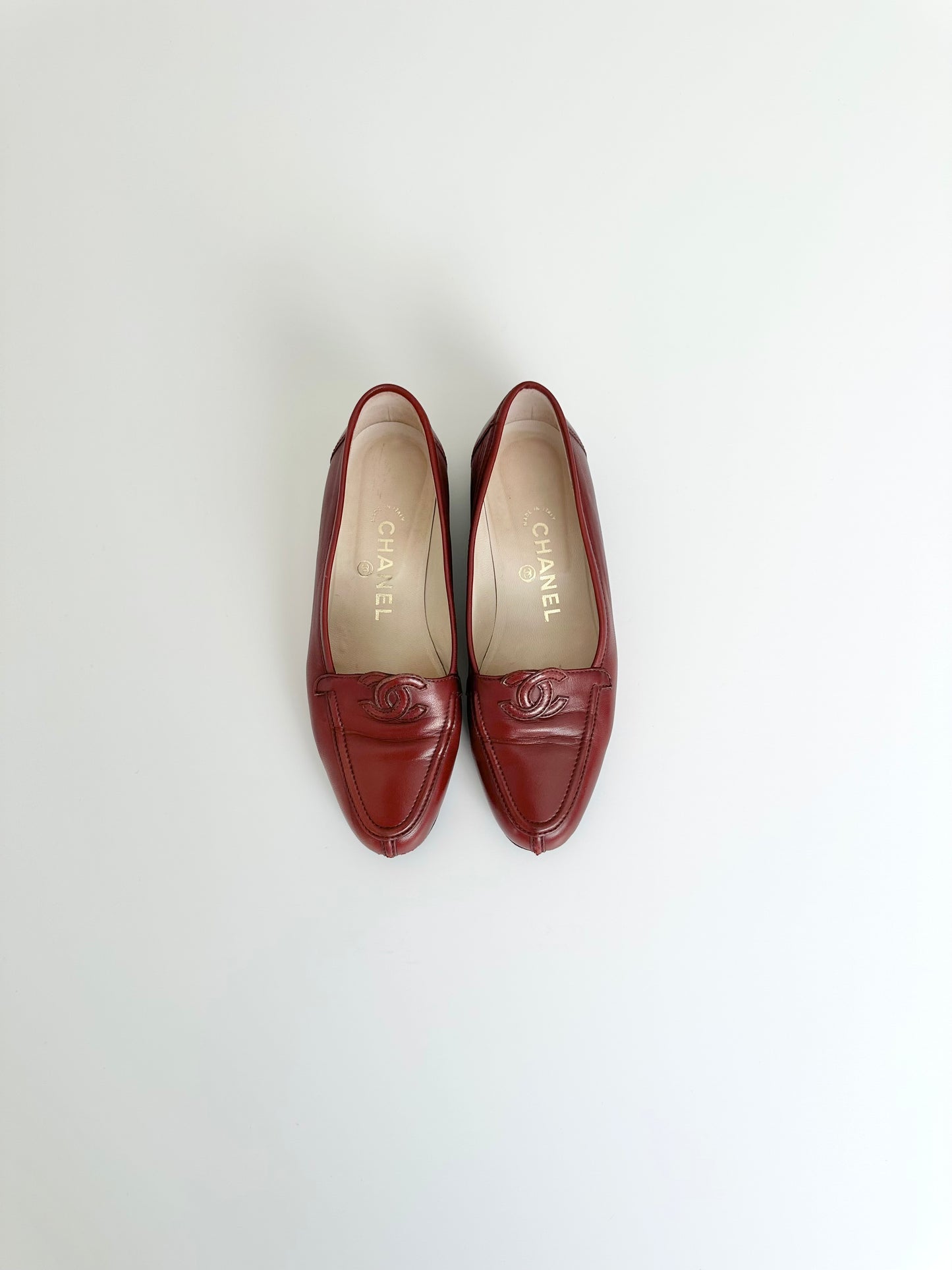 Chanel Red Leather Logo Loafers  36.5