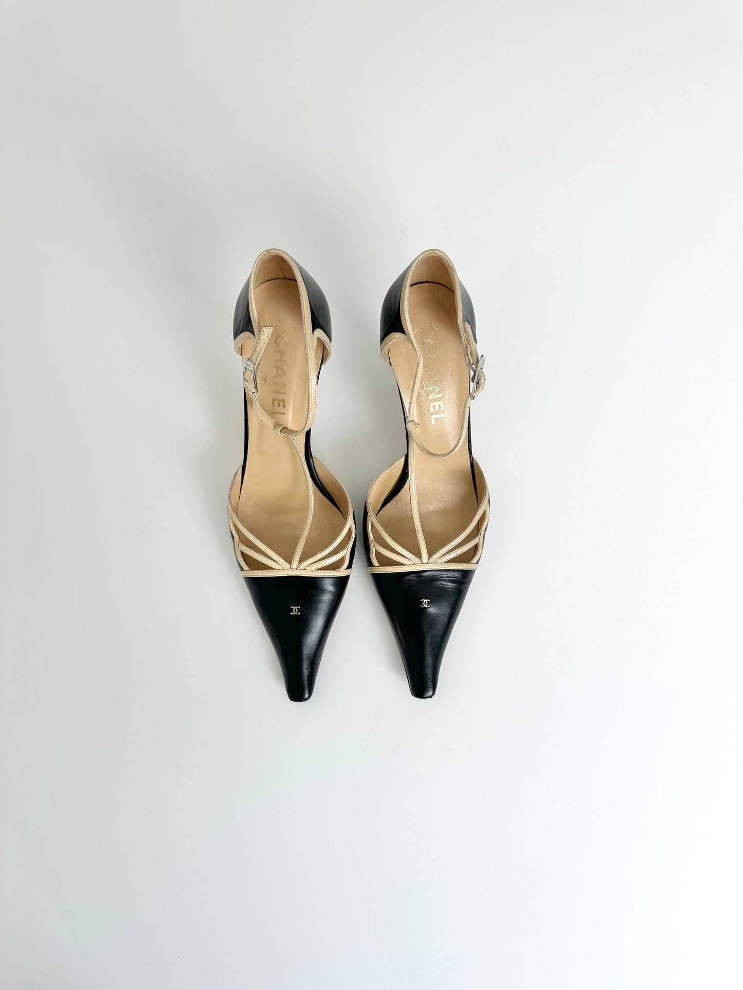 Chanel Black/Beige T-Strap Heels 39