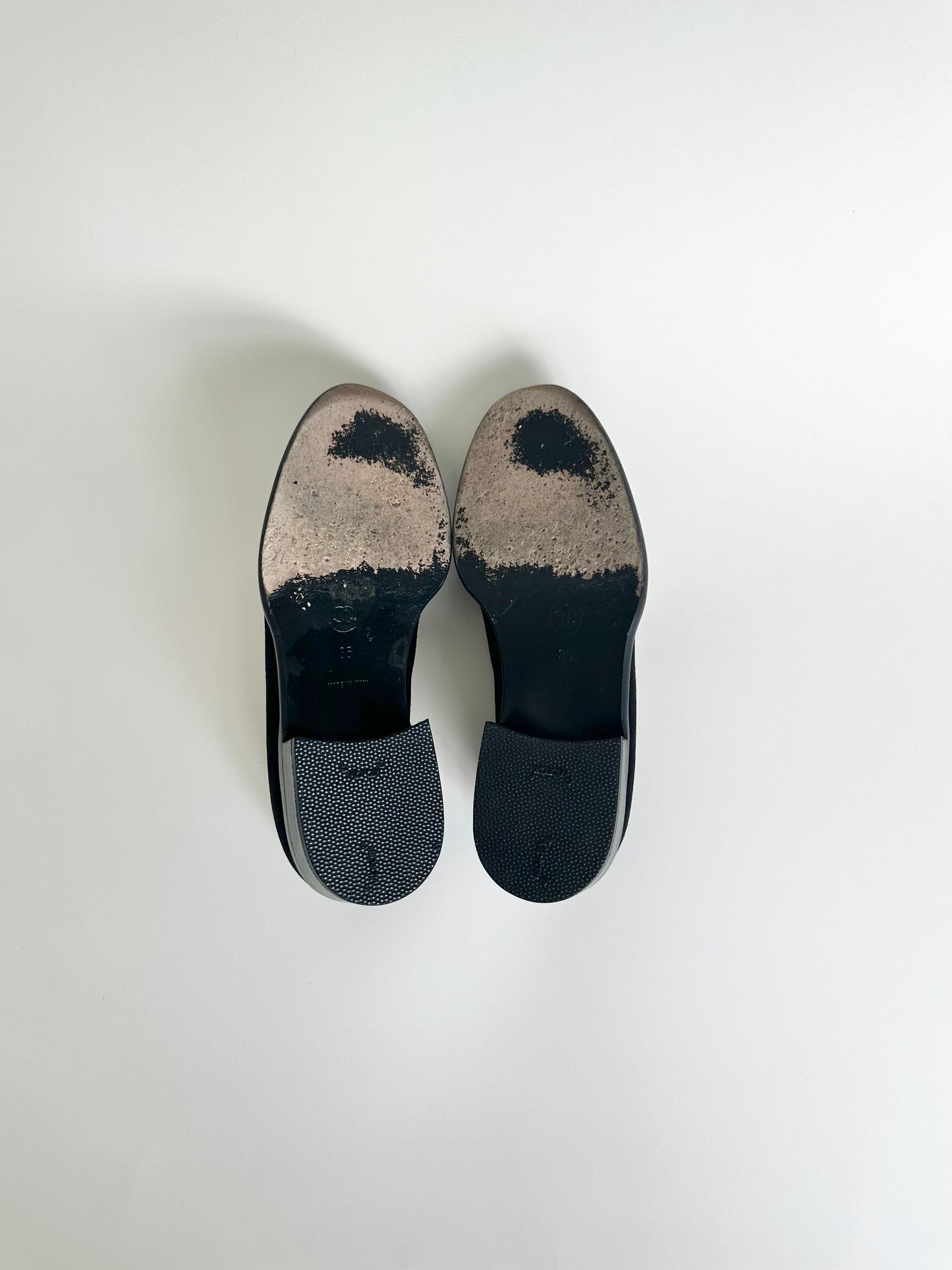 Chanel Black Suede Logo Loafers 35
