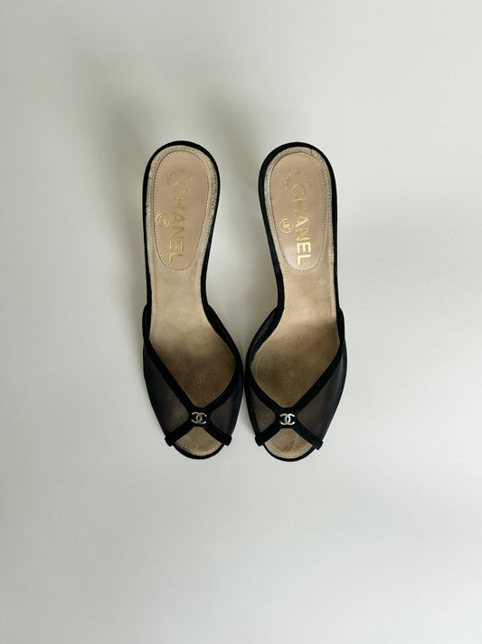 Chanel Black Mesh Logo Sandals 37.5