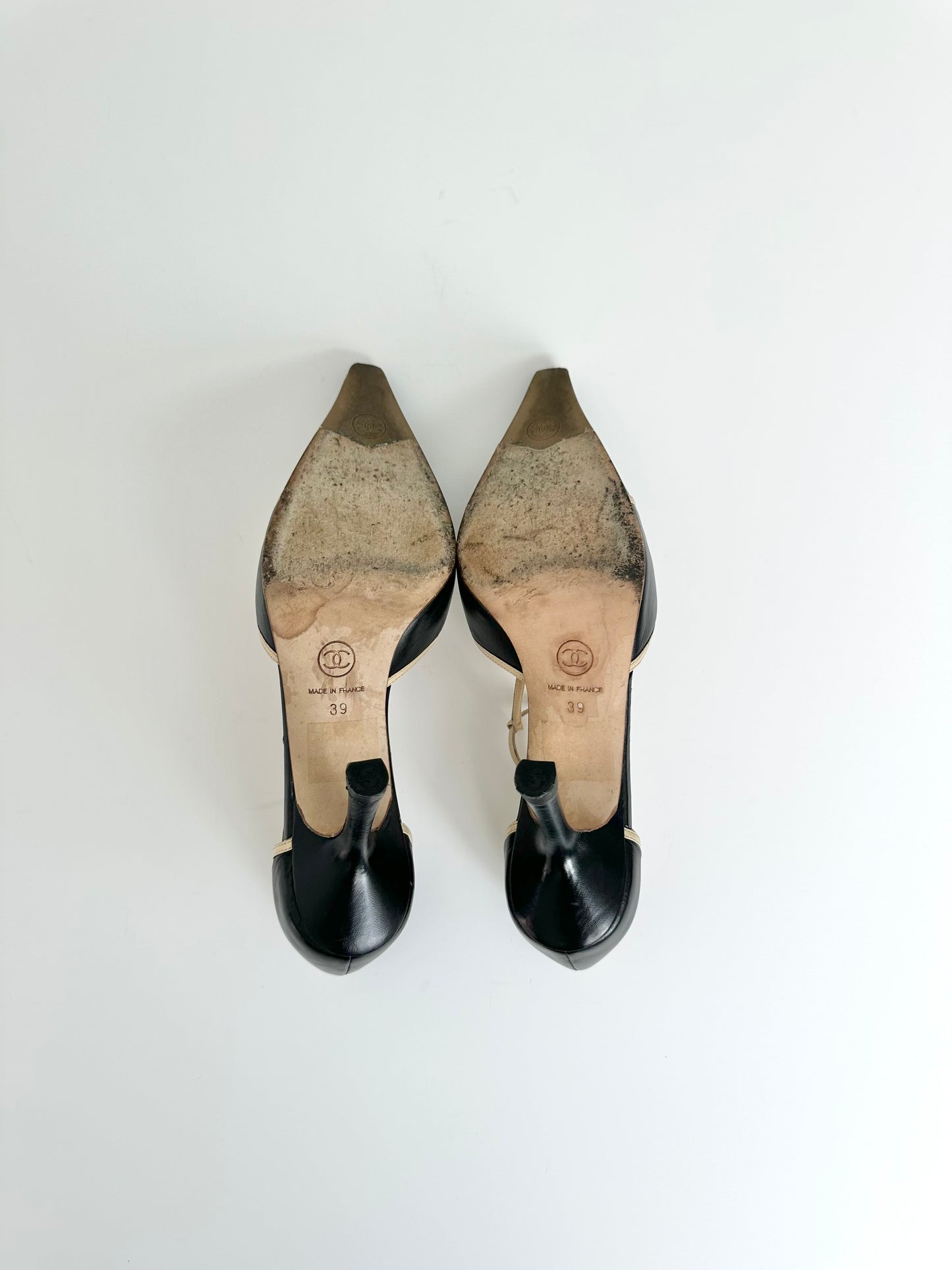 Chanel Black/Beige T-Strap Heels 39