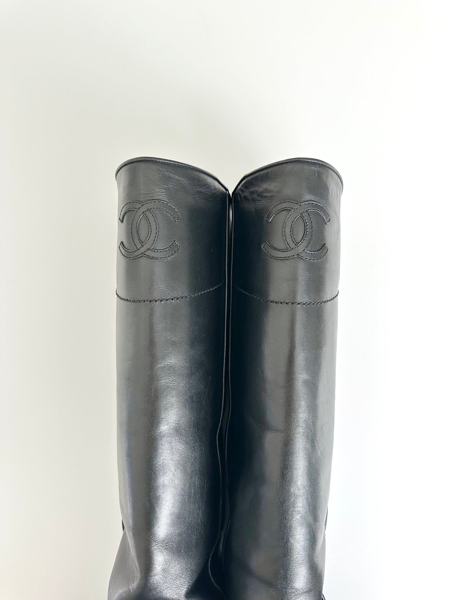 Chanel Black Leather Logo Riding Boots 36