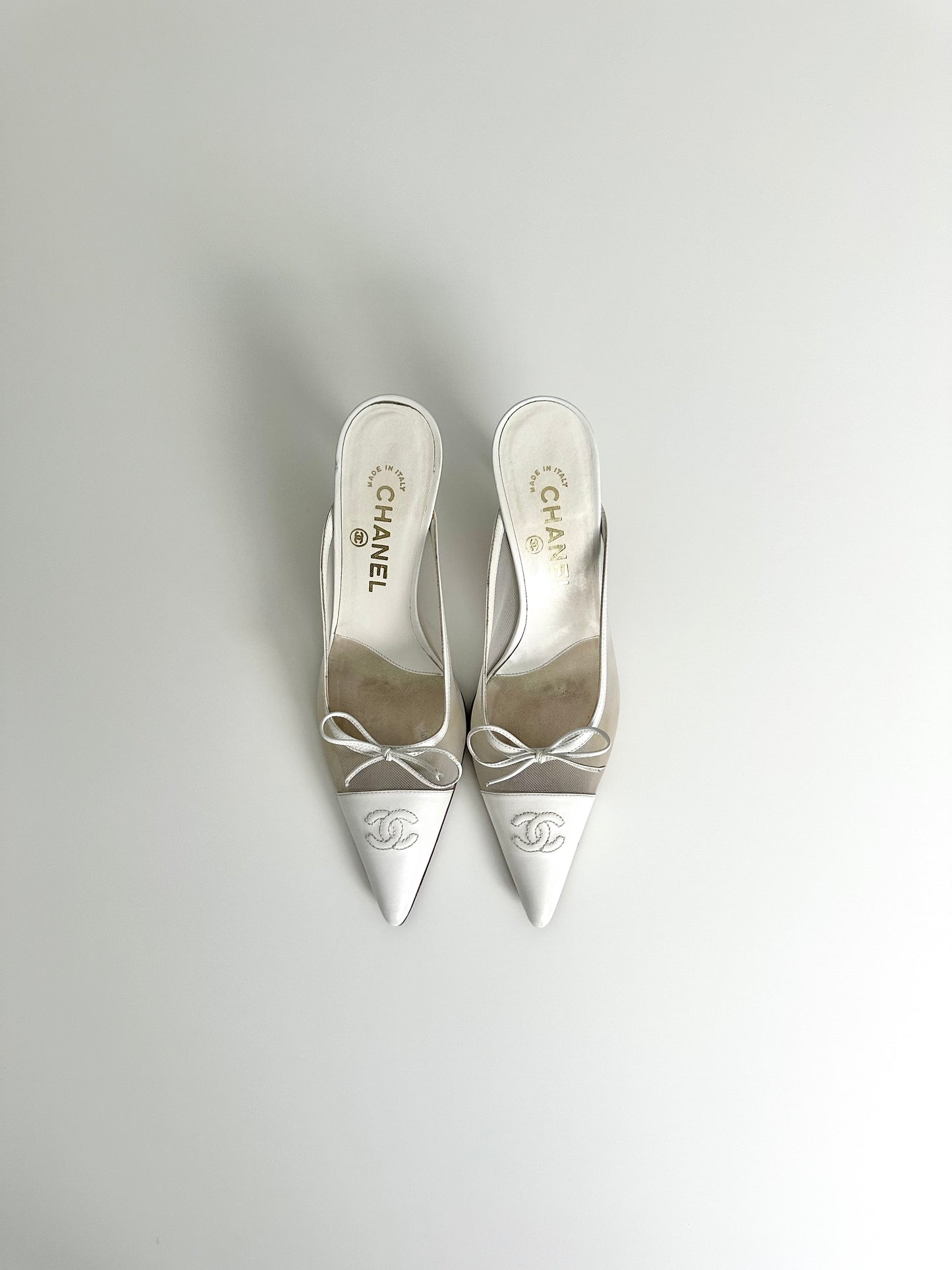 Chanel White Mesh Logo Mules 37.5