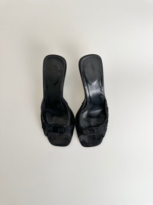 Gucci Black Monogram Ponyhair Sandals 36.5