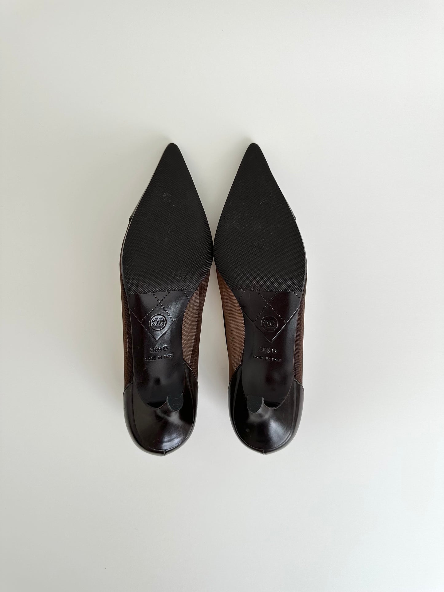 Chanel Brown Mesh Logo Pumps 36.5