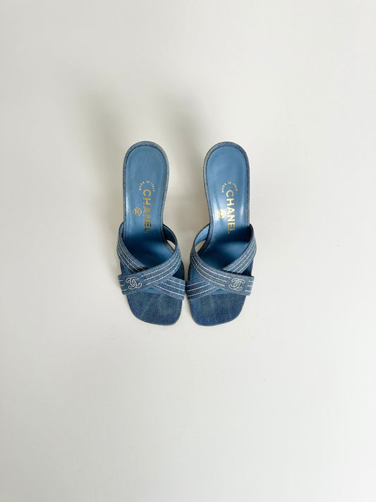 Chanel Blue Denim Logo Sandals 35