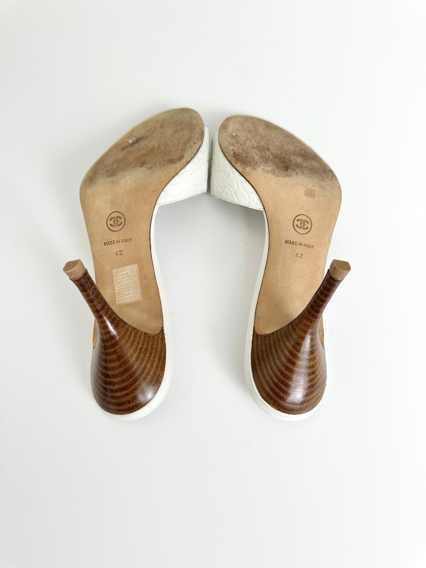 Chanel White Leather Camellia Logo Sandals 42