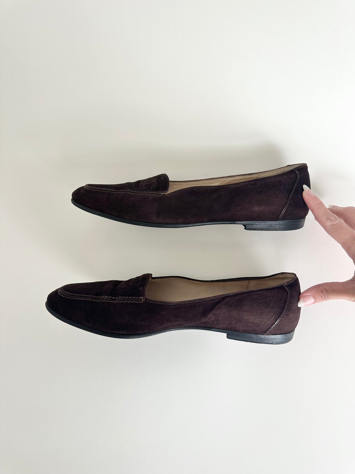 Chanel Brown Suede Logo Loafers 39.5