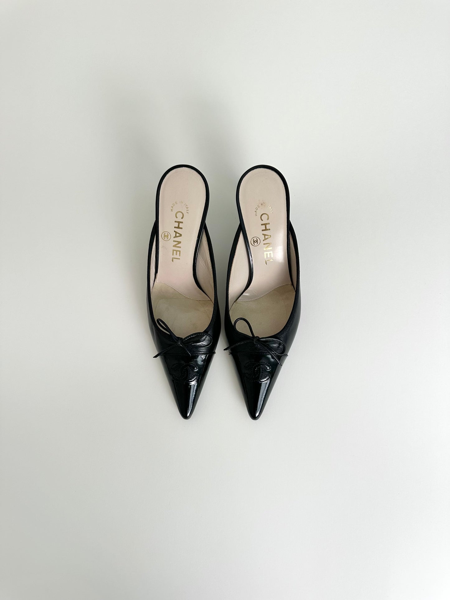 Chanel Black Leather Logo Mules 36.5