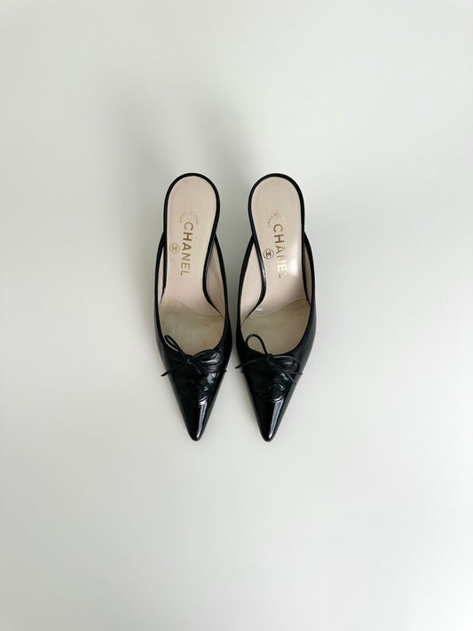 Chanel Black Leather Logo Mules 36.5