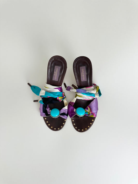 Pucci Multicolor Satin Ankle Wrap Wedge 38