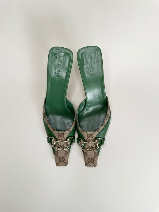 Gucci Green Monogram Horsebit Mules US 9.5