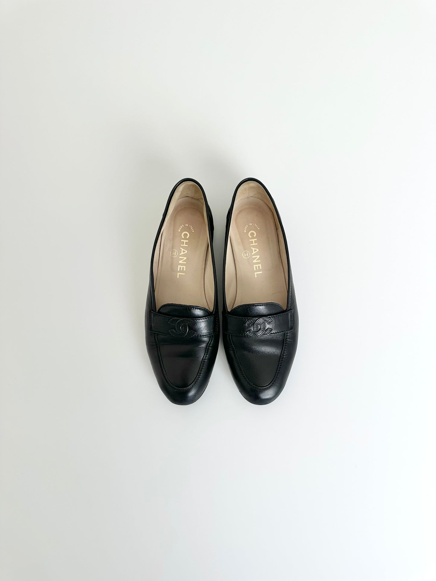 Chanel Black Leather Logo Loafers 37