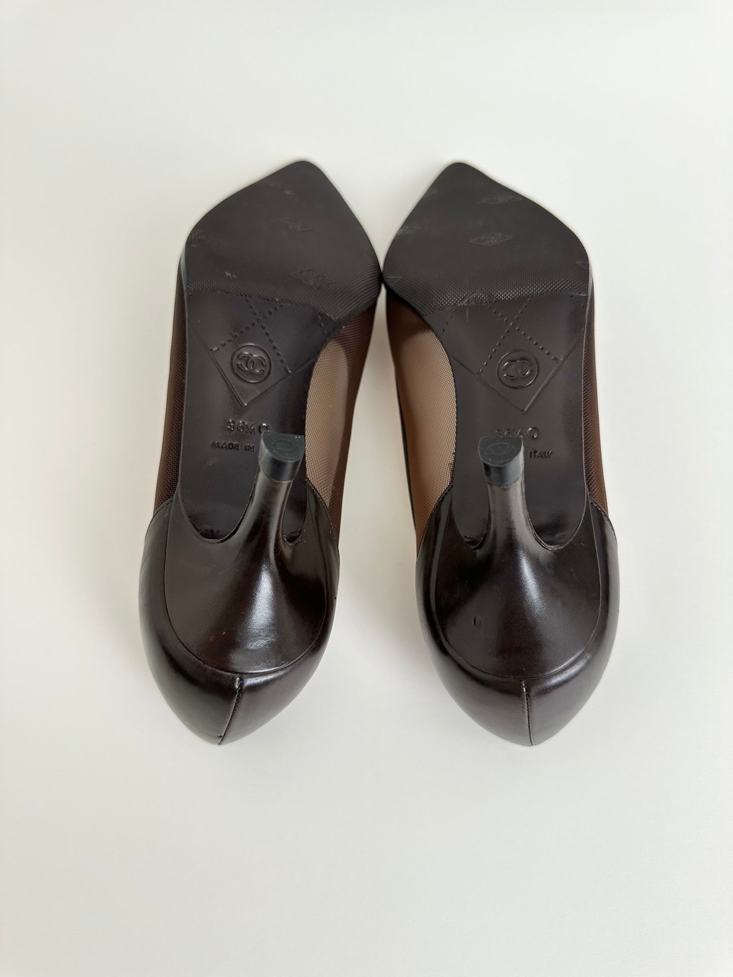 Chanel Brown Mesh Logo Pumps 36.5