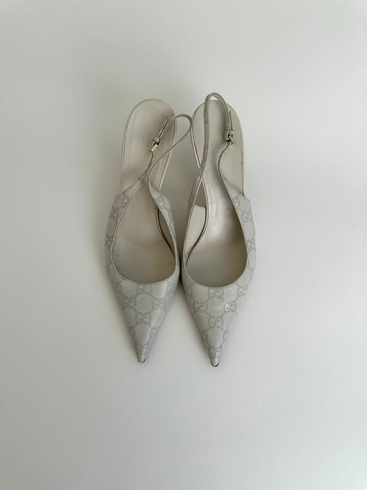 Gucci Ivory Monogram Slingbacks US 9.5