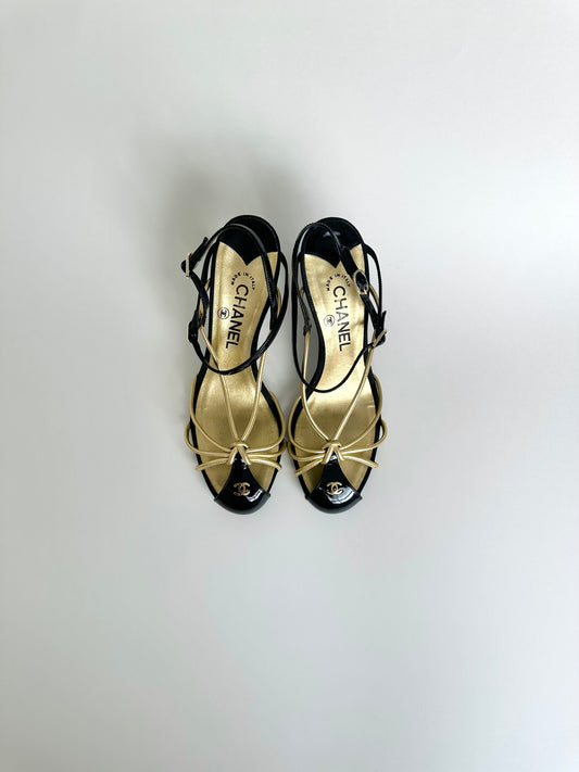 Chanel Black/Gold Caged Logo Heels 38