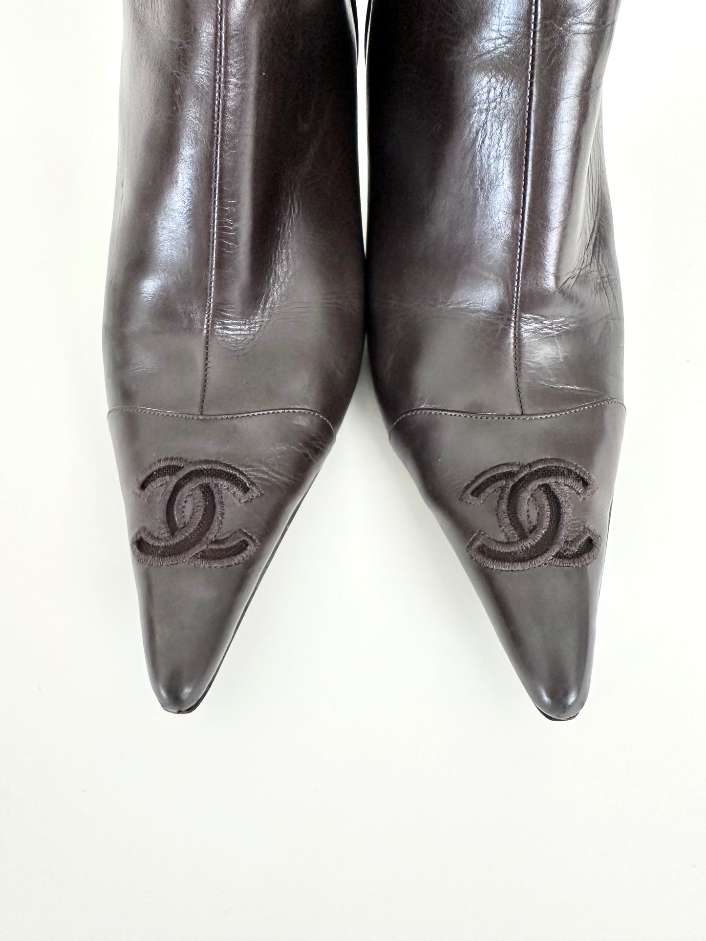 Chanel Brown Leather Logo Ankle Boots 37