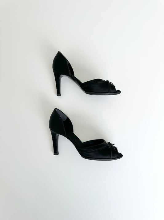 Chanel Black Satin Rhinestone Logo Pumps 39