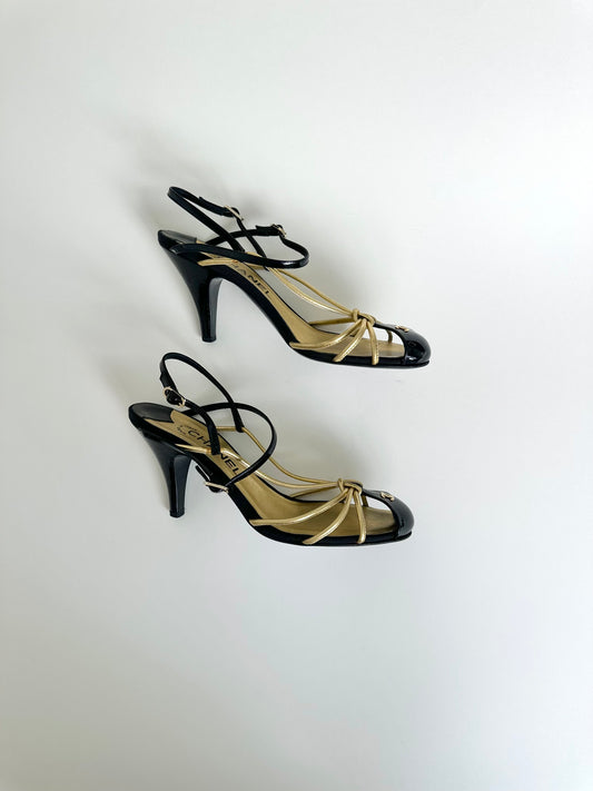 Chanel Black/Gold Caged Logo Heels 38