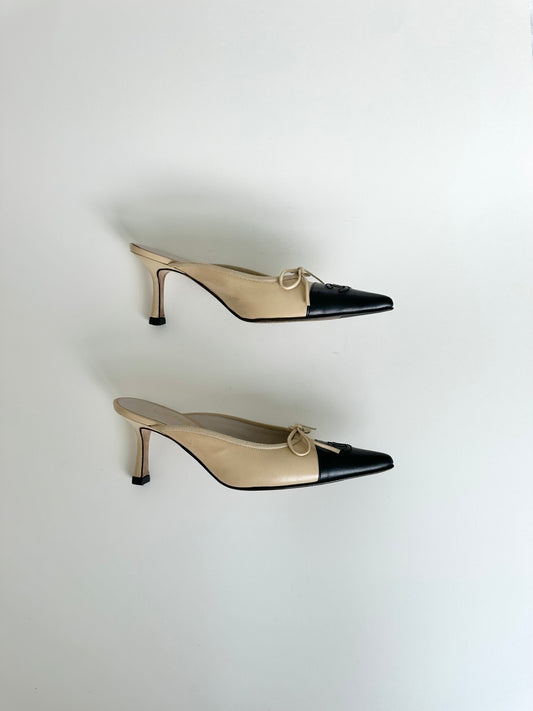 Chanel Beige/Black Logo Mules 35.5