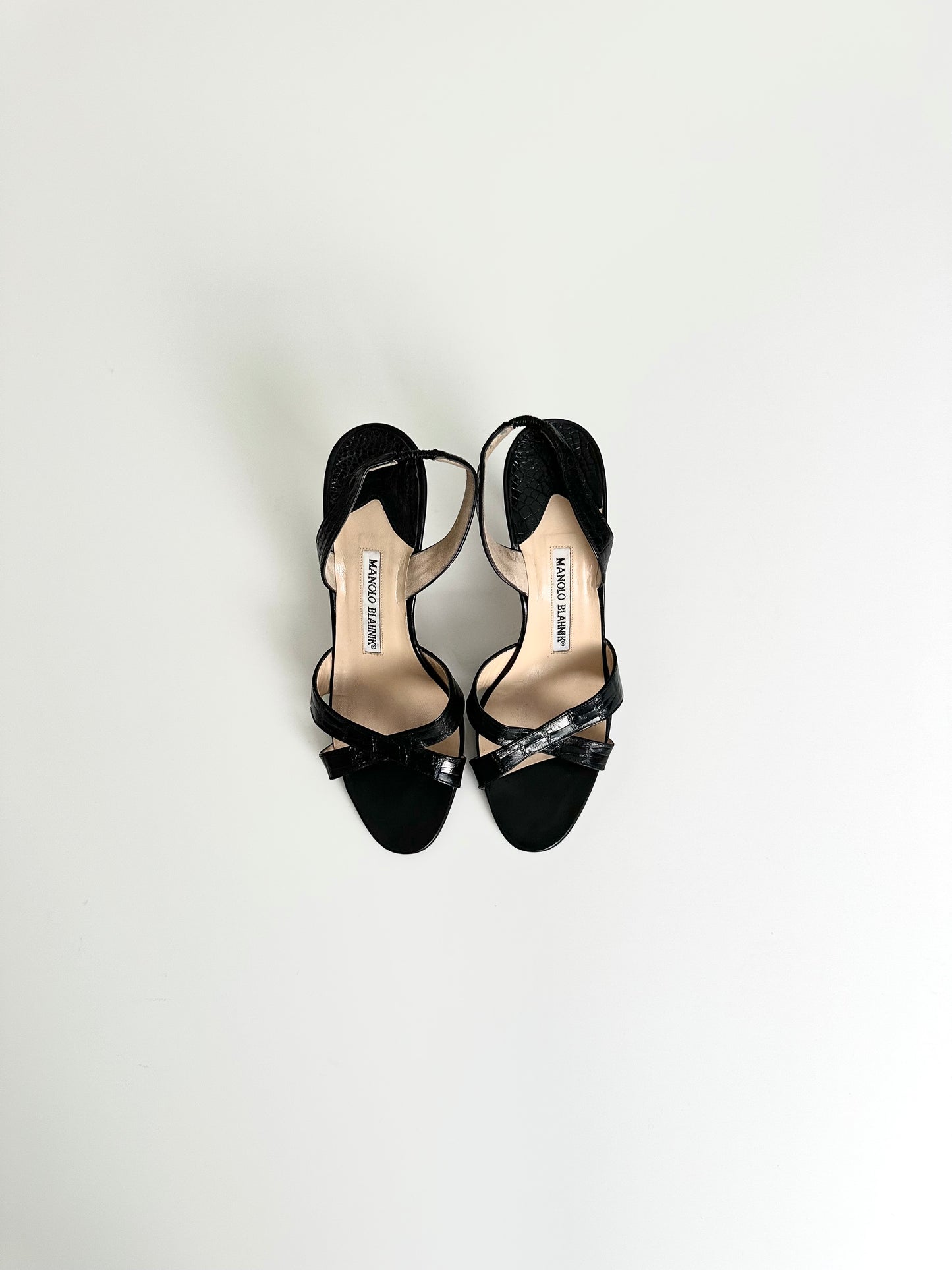 Manolo Blahnik Black Croc Callasli Slingback 37.5