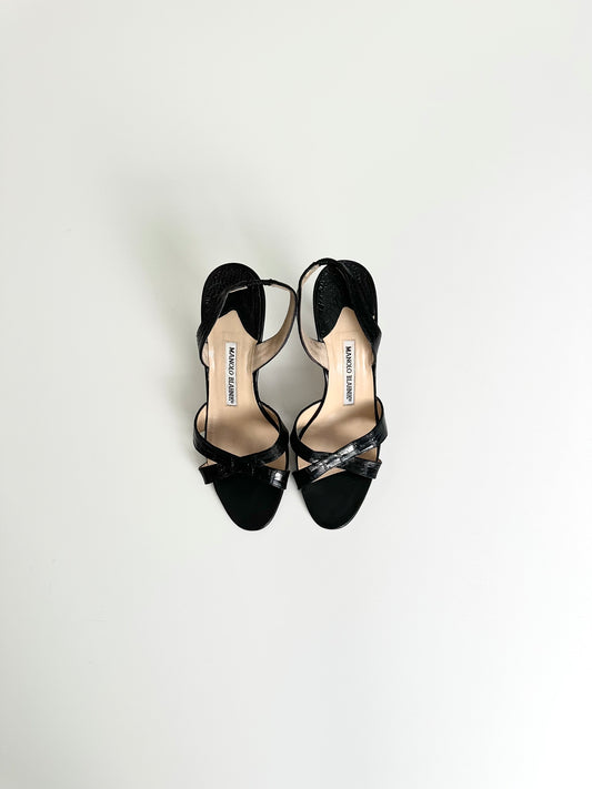 Manolo Blahnik Black Croc Callasli Slingback 37.5