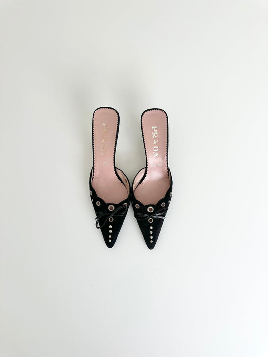 Prada Black Suede Grommet Mules 36