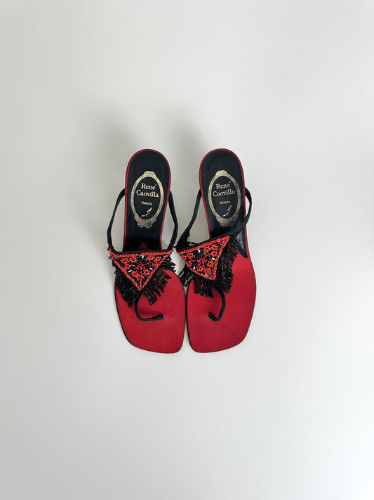 René Caovilla Red Beaded Thong Sandals 39