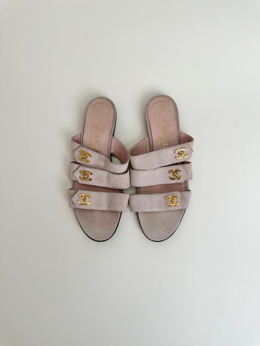 Chanel Pink Suede Turnlock Sandals 37.5