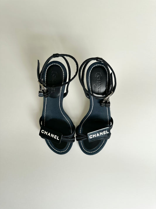 Chanel Denim Dice Ankle Strap Sandals 34
