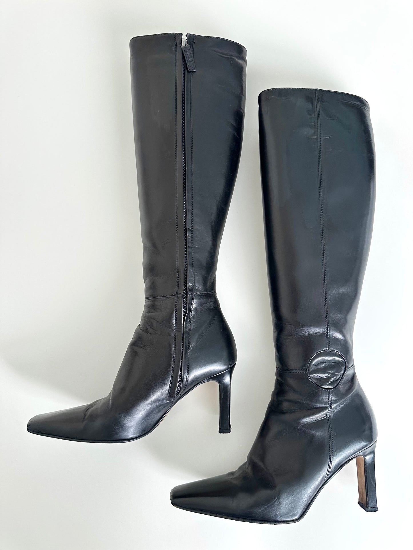 Chanel Black Leather Logo Boots 35.5