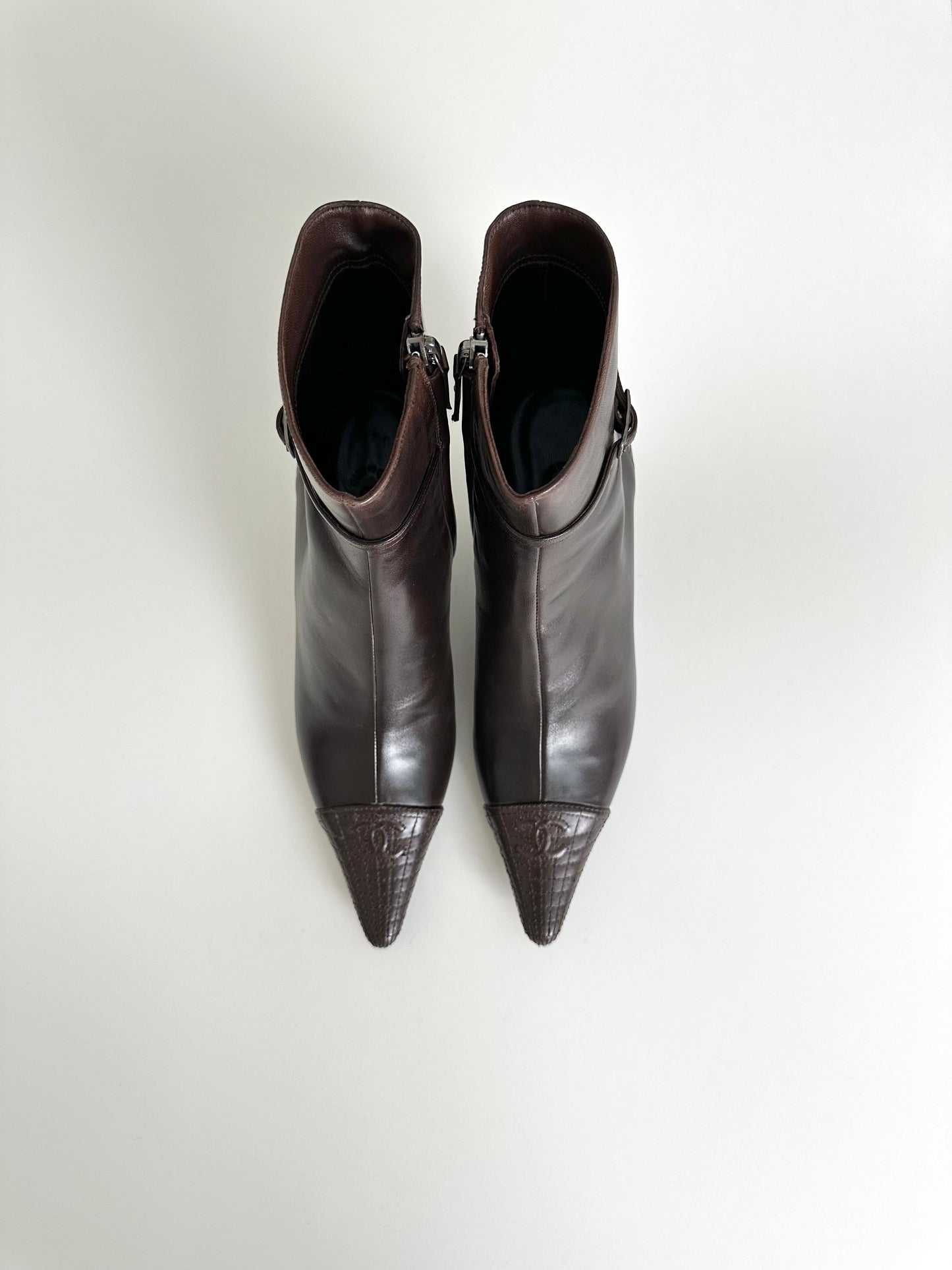 Chanel Brown Quilted Leather Ankle Boots 37.5