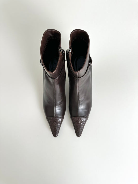 Chanel Brown Quilted Leather Ankle Boots 37.5