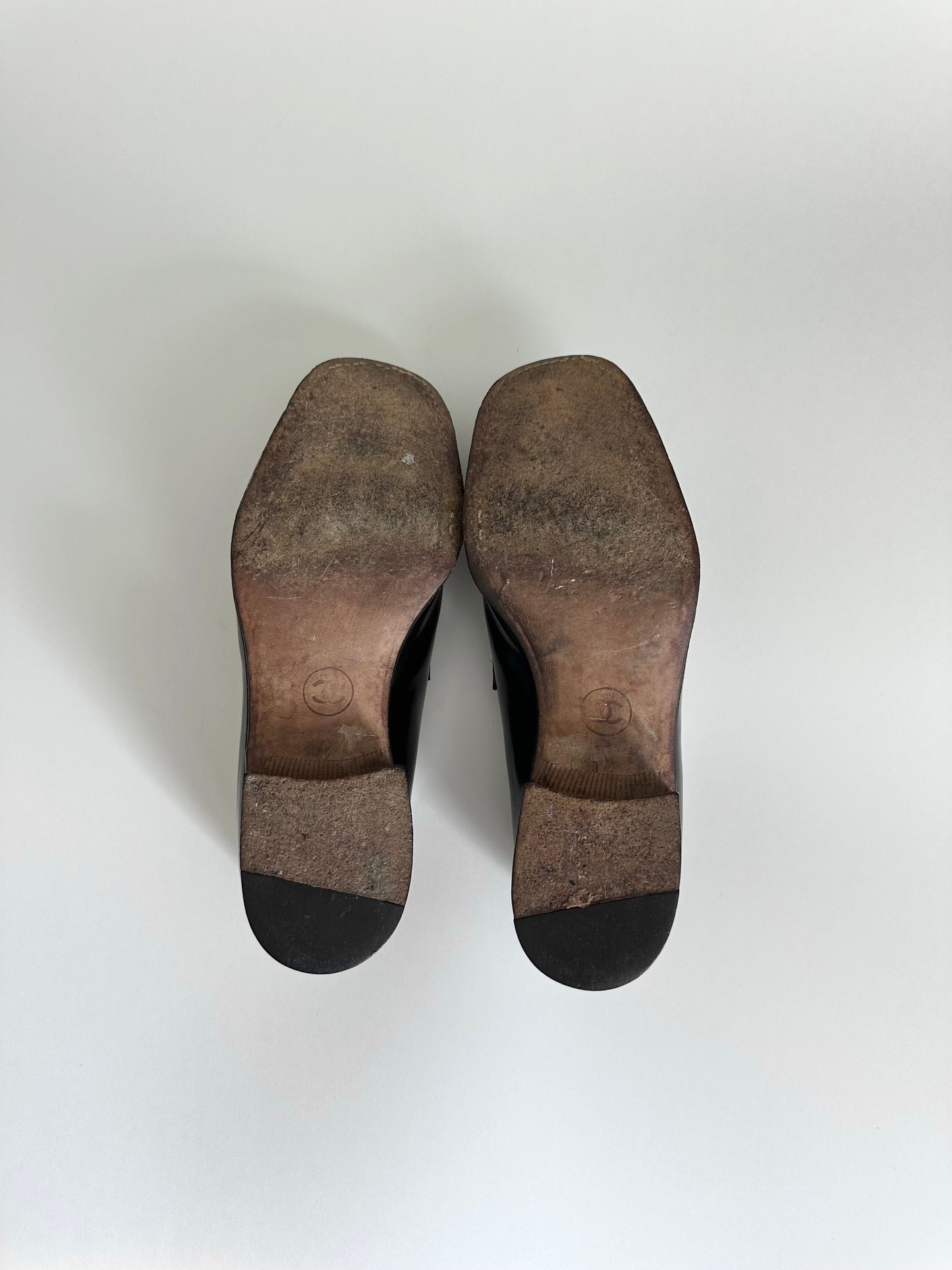 Chanel Brown Patent Logo Loafers 38.5