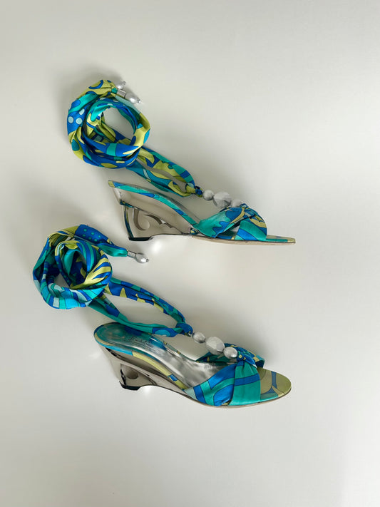 Pucci Multicolor Satin Beaded Ankle Wrap Wedge 38