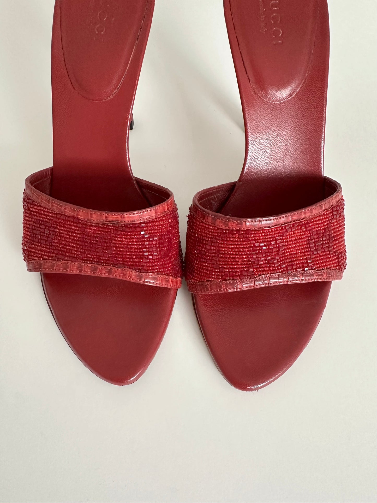 Gucci Red Beaded Monogram Sandals US 5.5
