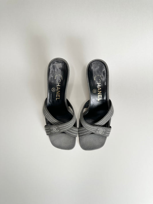 Chanel Grey Denim Sandals 36