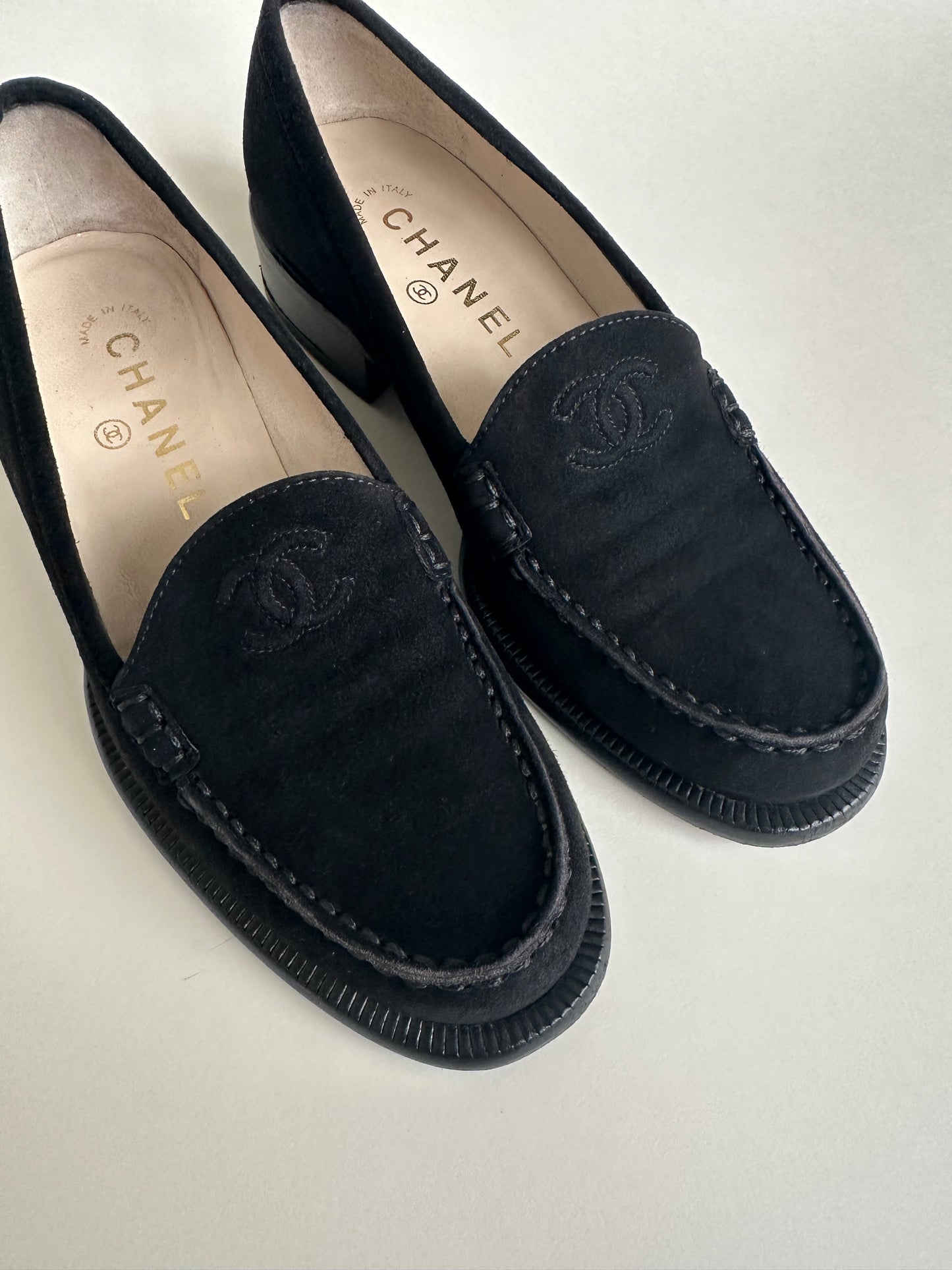 Chanel Black Suede Logo Loafers 35