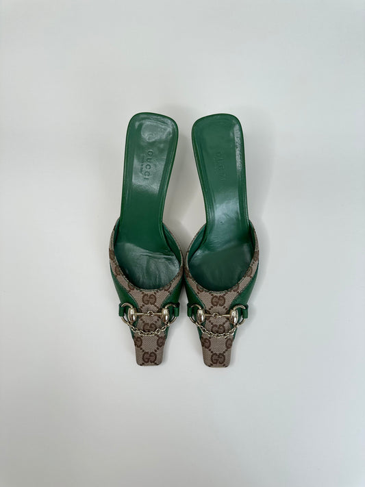 Gucci Green Monogram Mules US 7
